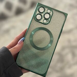 Green square sparkly iPhone 14 Pro Max phone case
